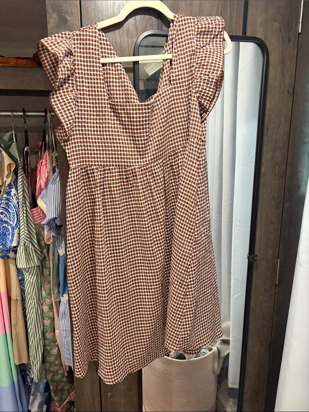 Women's Brown Gingham Square-Neck Dress
